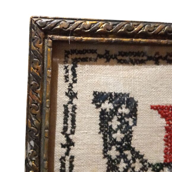 Antique Framed Cross Stitch Sampler-Joy Be With You-Folkart-Needlepoint-Primitve - Picture 6 of 8